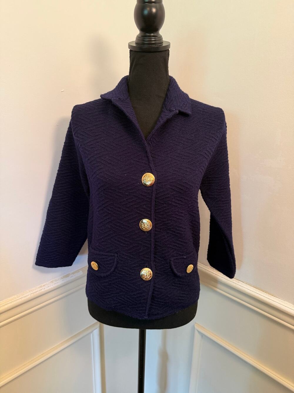 Vintage Rosanna Virgin Wool Knit Blazer Jacket Navy Blue Gold Crest Buttons